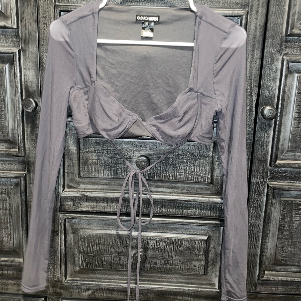 Fashion Nova Sheer Long Sleeve Tie-Front Crop Top in Gray